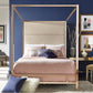 Metal Canopy Bed with Linen Panel Headboard - Off-White Linen, Champagne Gold Finish, King Size