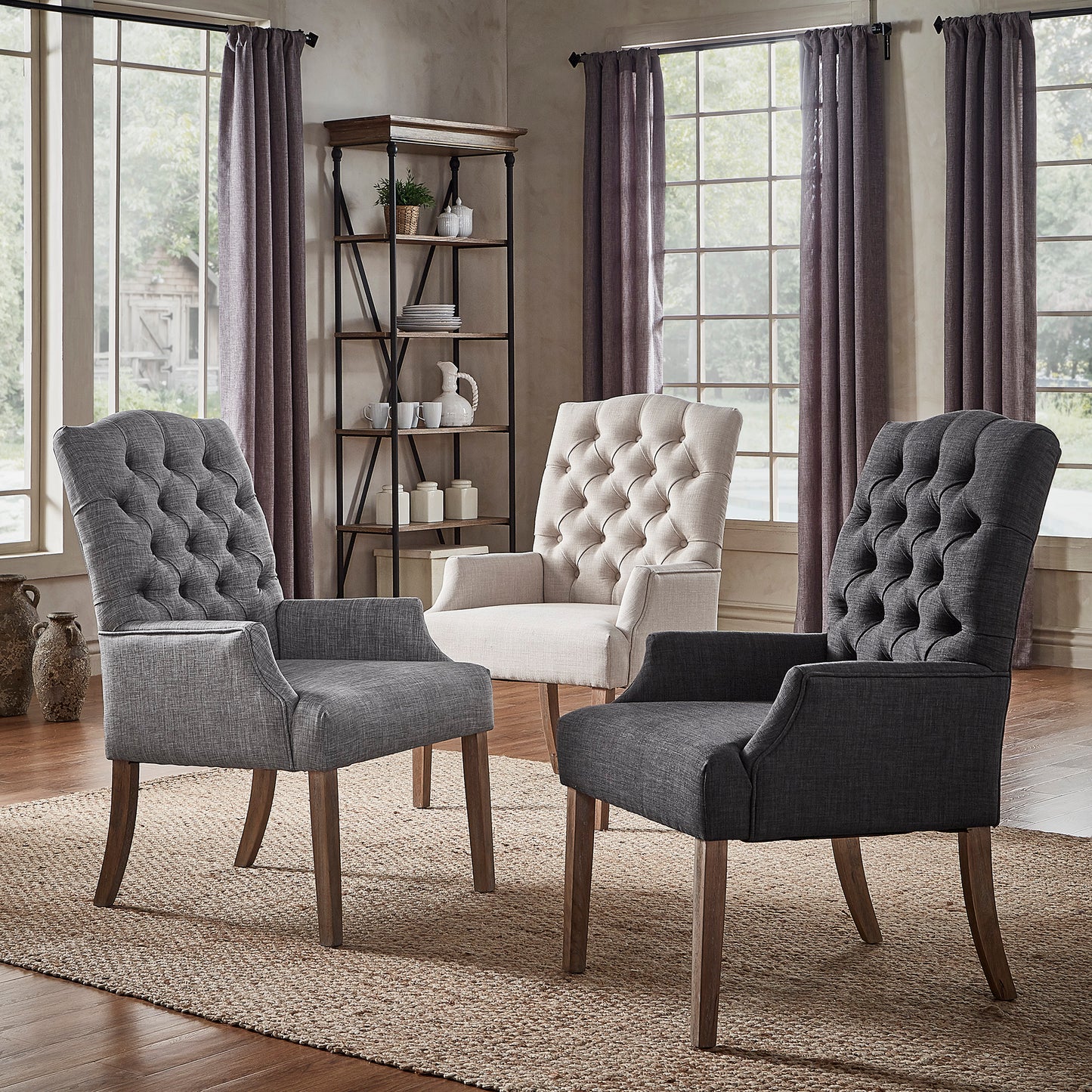 Light Distressed Natural Finish Linen Tufted Dining Chair - Dark Gray Linen