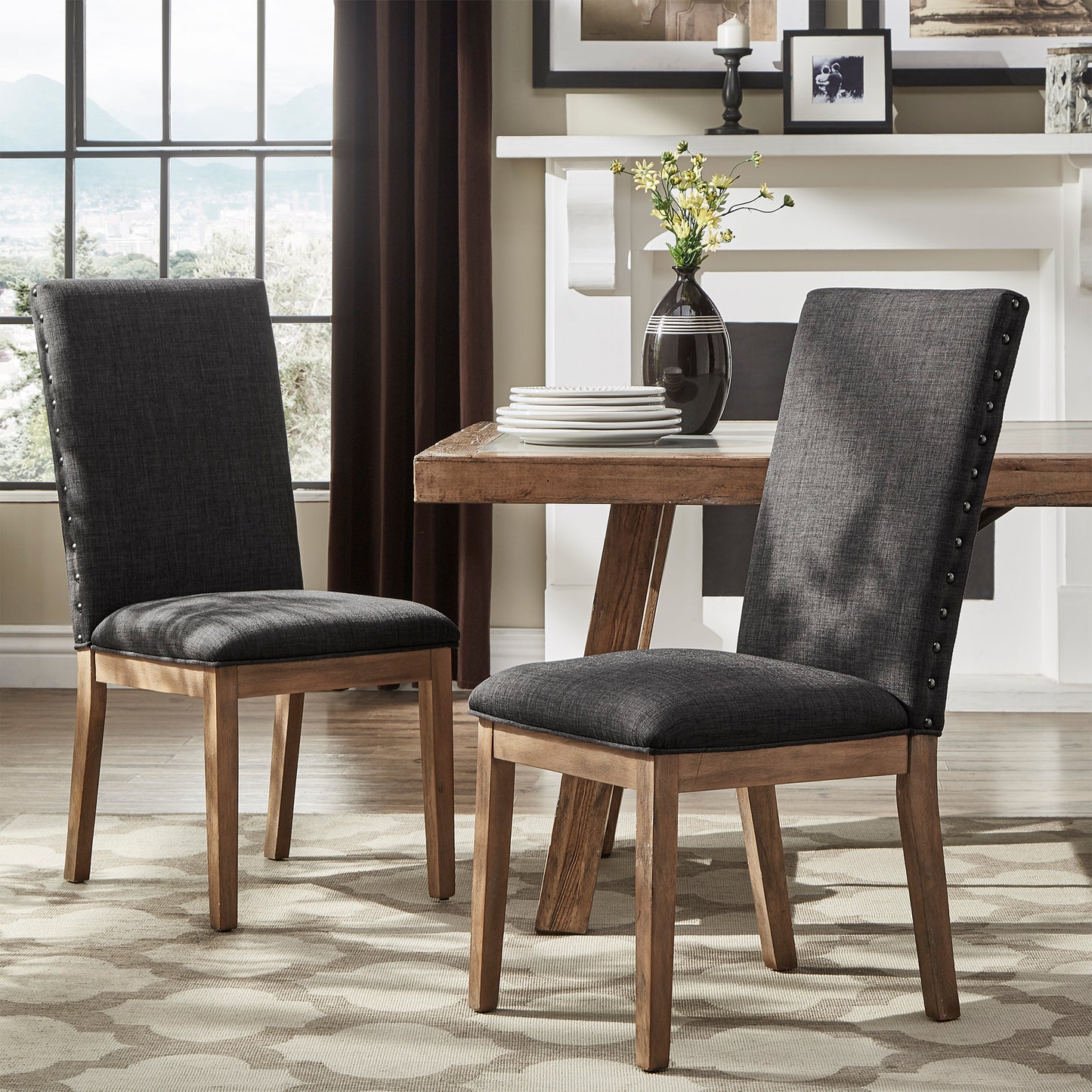 Nailhead Accent Parson Linen Dining Chairs (Set of 2) - Dark Gray Linan, Natural Finish