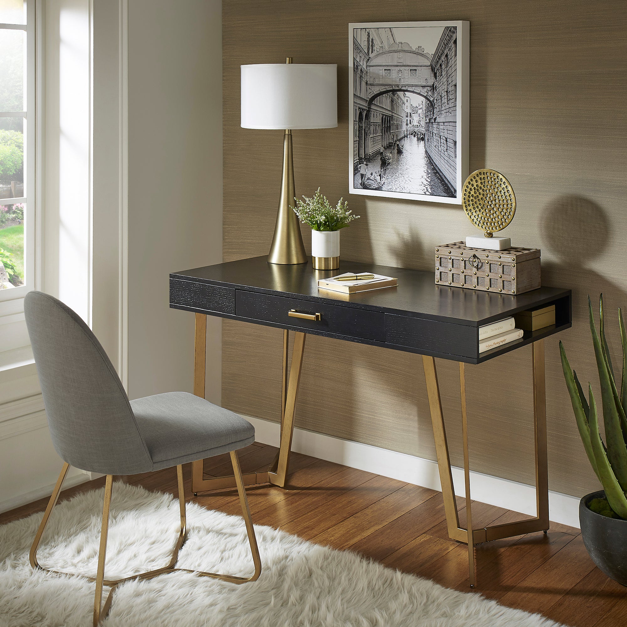 Black Finish Writing Desk with Gold Metal Base by Inspire Q Modern