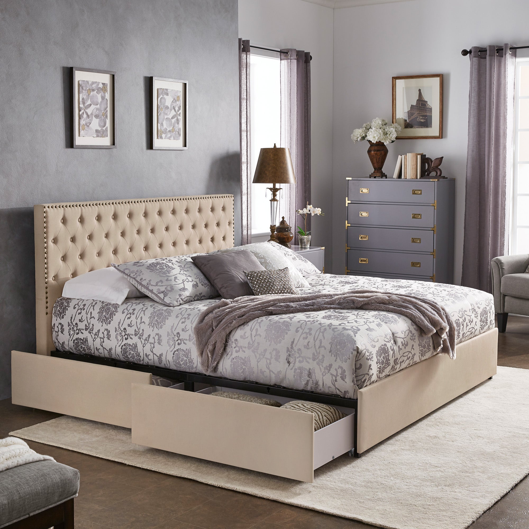 Nailhead Linen Headboard Storage Platform Bed Beige Linen King King Size by Inspire Q Classic
