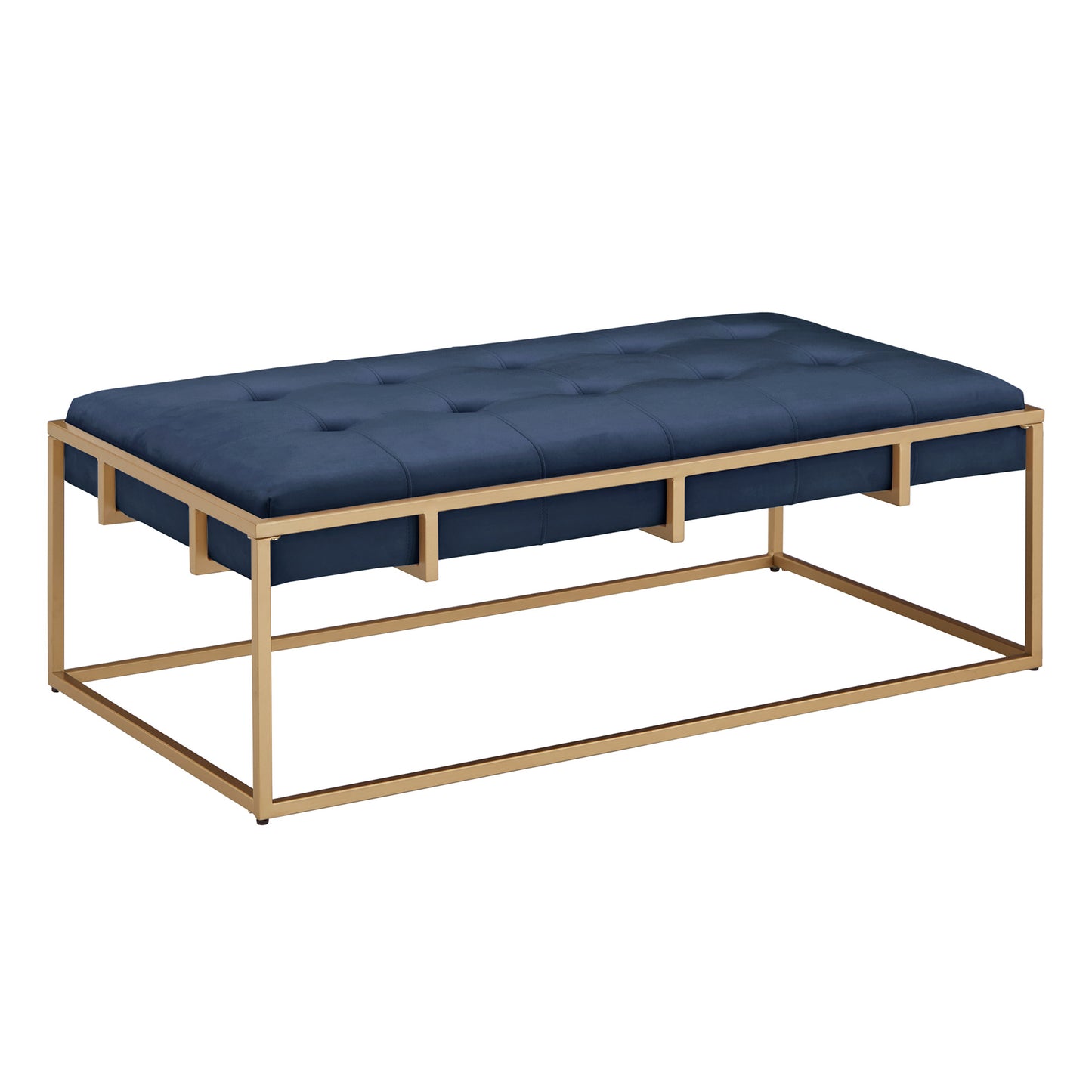 Gold Finish Velvet Button Tufted Rectangular Ottoman - Blue, Rectangular