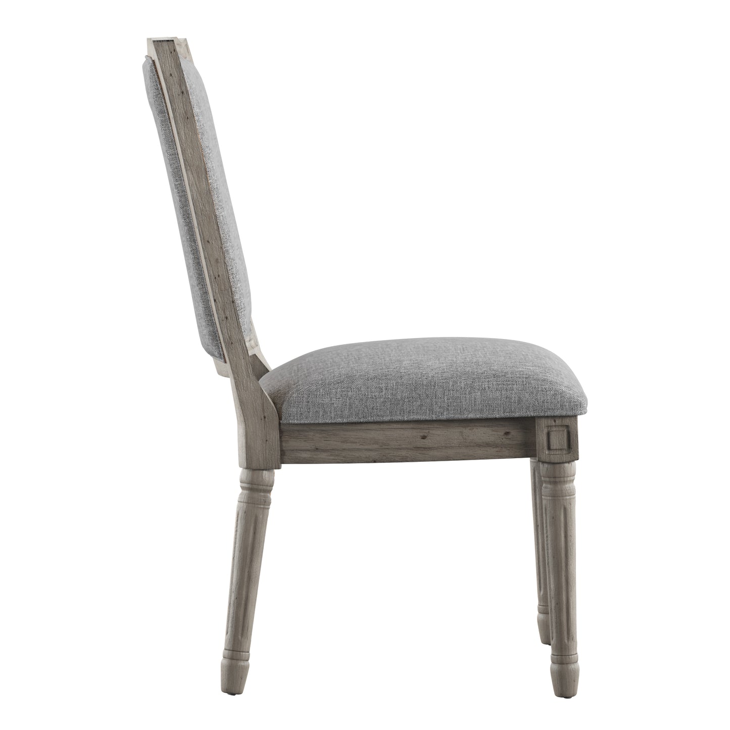 Ornate Linen and Wood Dining Chairs (Set of 2) - Gray Linen, Antique Gray Oak Finish