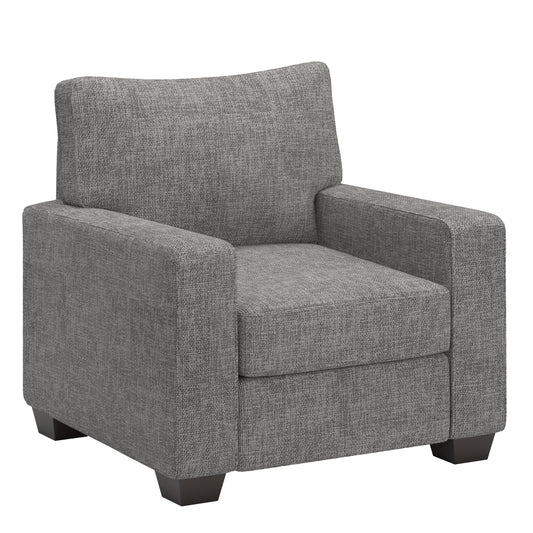 Modern Fabric Upholstered Square Arm Sofa Set - Living Room Chair, Loveseat and Sofa, Gray Woven Fabric