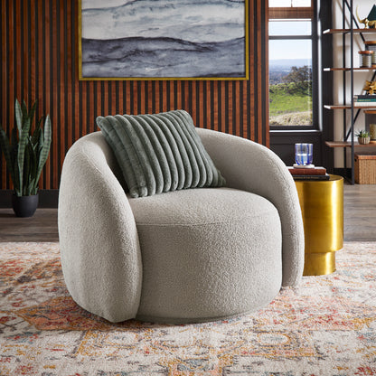 Modern Boucle Accent Chair with Cloud-Like Curved Design and Furry Channel Pillow - Light Gray Chair with Dark Gray Pillow