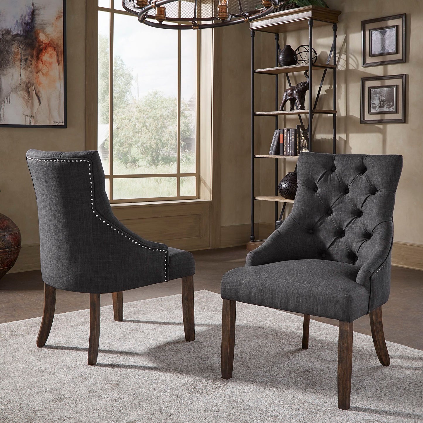 Linen Curved Back Tufted Dining Chairs (Set of 2) - Dark Gray Linen