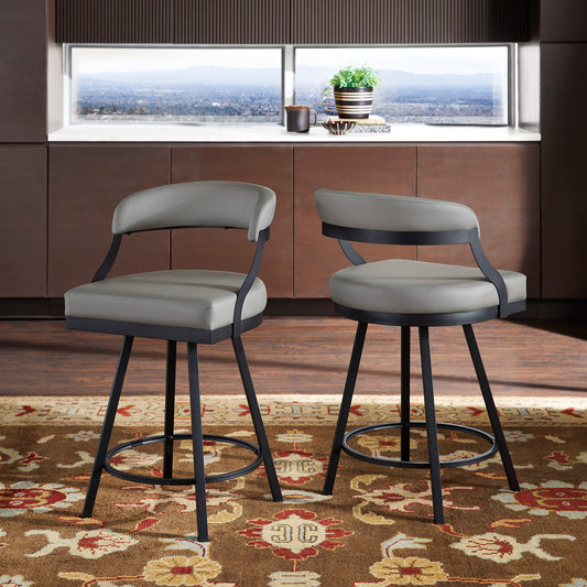 Black Finish Metal Vegan Leather Swivel Chair (Set of 2) - 24 in. Counter Height, Gray