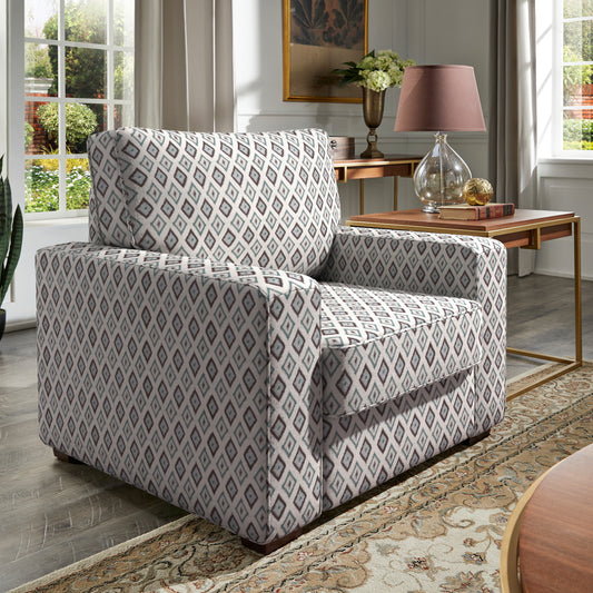 Modern Fabric Upholstered Square Arm Sofa - Living Room Chair, Brown and Blue Diamond Pattern Fabric