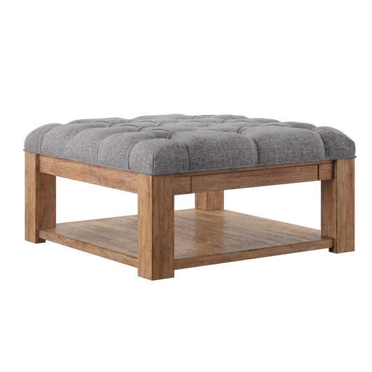 Pine Square Storage Ottoman Coffee Table - Gray Linen, Button Tufts