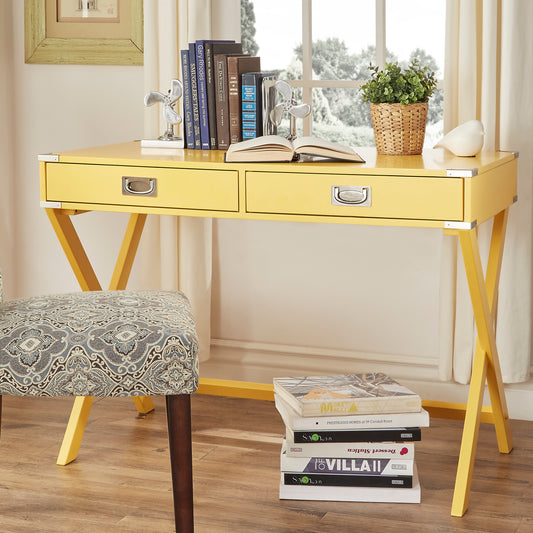 X-Base Wood Accent Campaign Writing Desk - Yellow