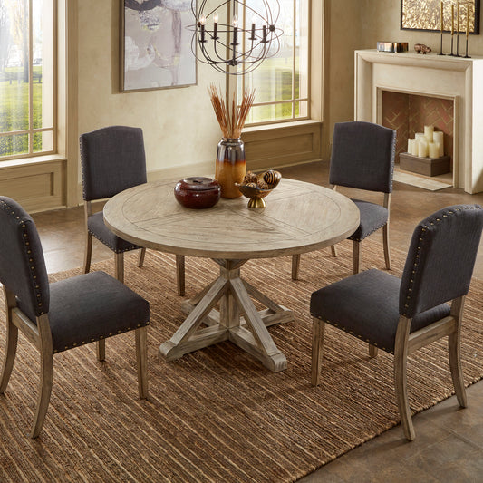 Wood Round 5-Piece Dining Set - Gray Finish, Dark Gray Linen, 54-inch Table