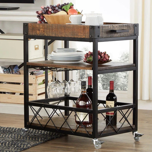 Rustic Serving Cart with Wine Inserts and Removable Tray Top - Brown Finish