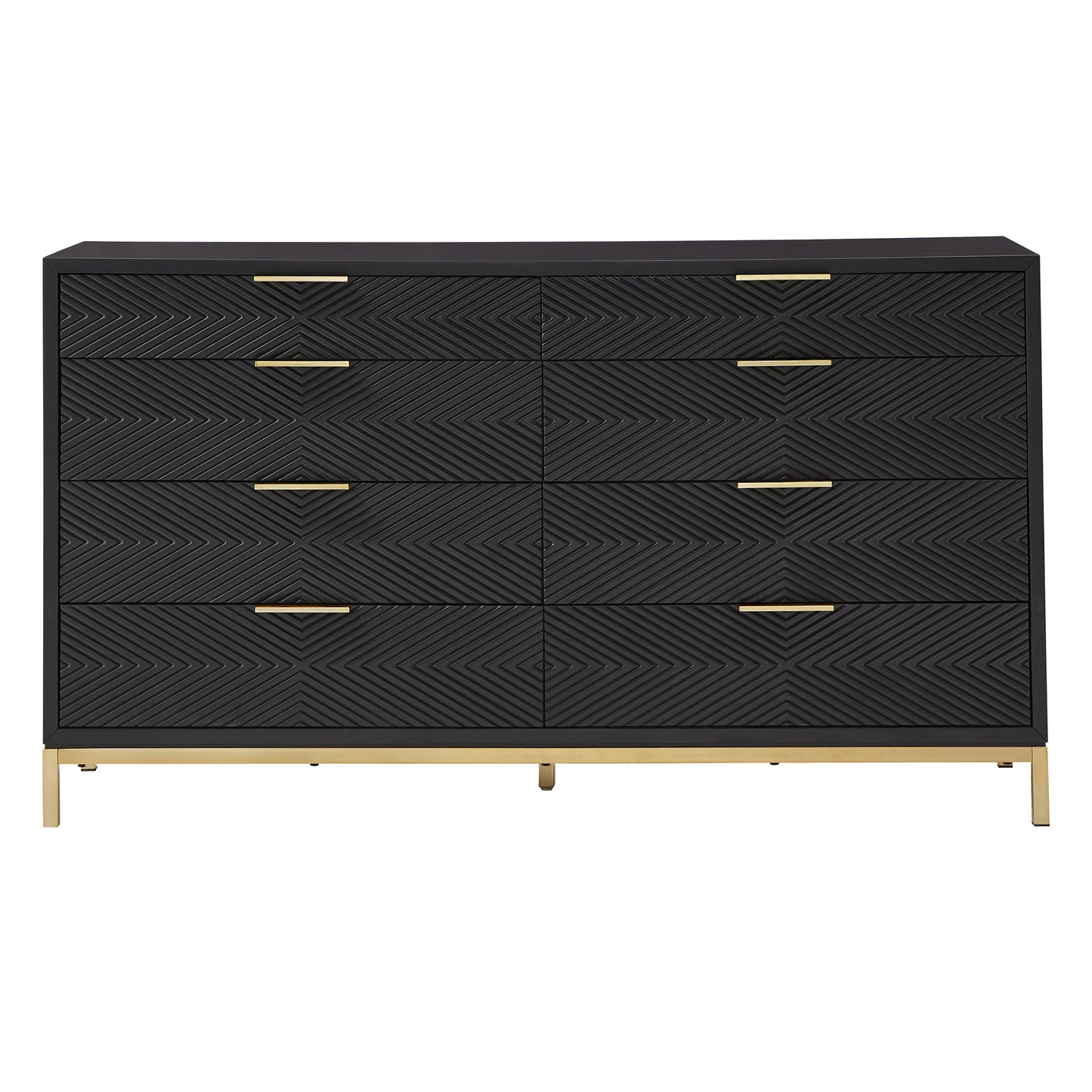 64" Wide 8 - Drawer Dresser - Black Finish, Gold Accent, Dresser and Mirror