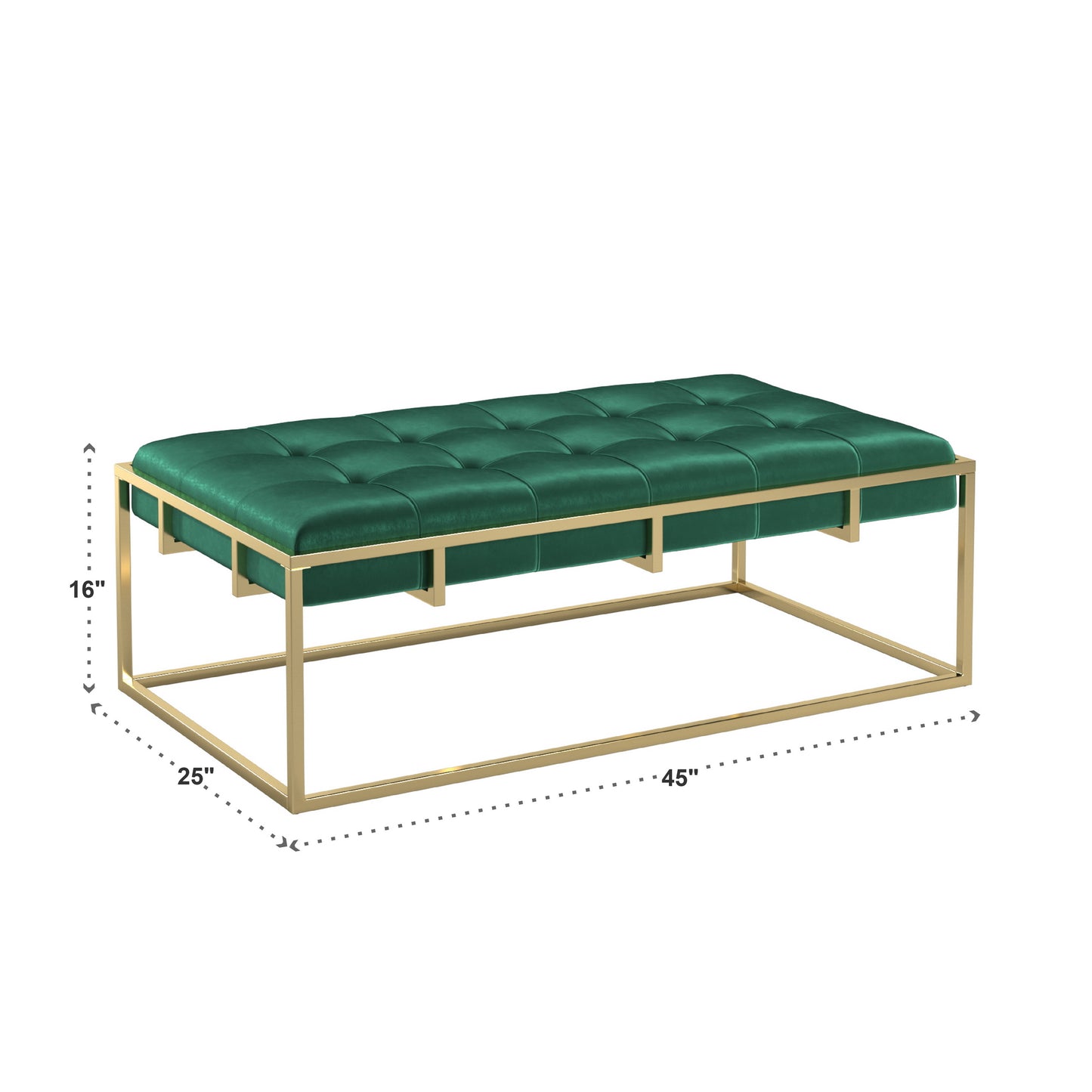 Gold Finish Velvet Button Tufted Rectangular Ottoman - Dark Green, Rectangular