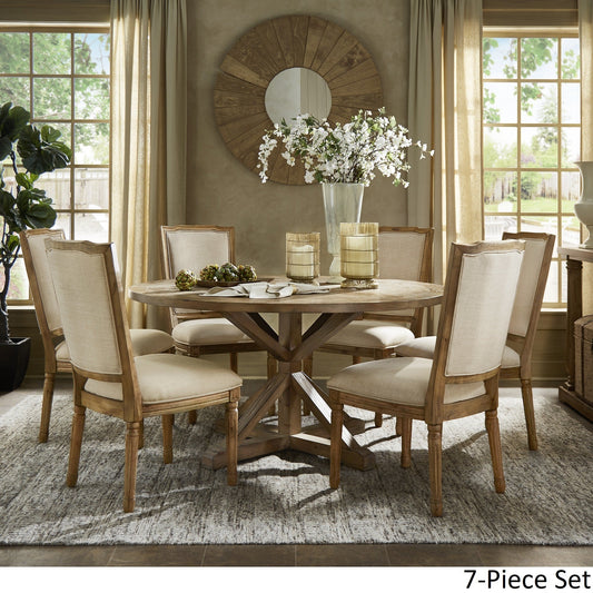 Round 7-Piece Dining Set - Beige Linen, Ornate Chair Backs