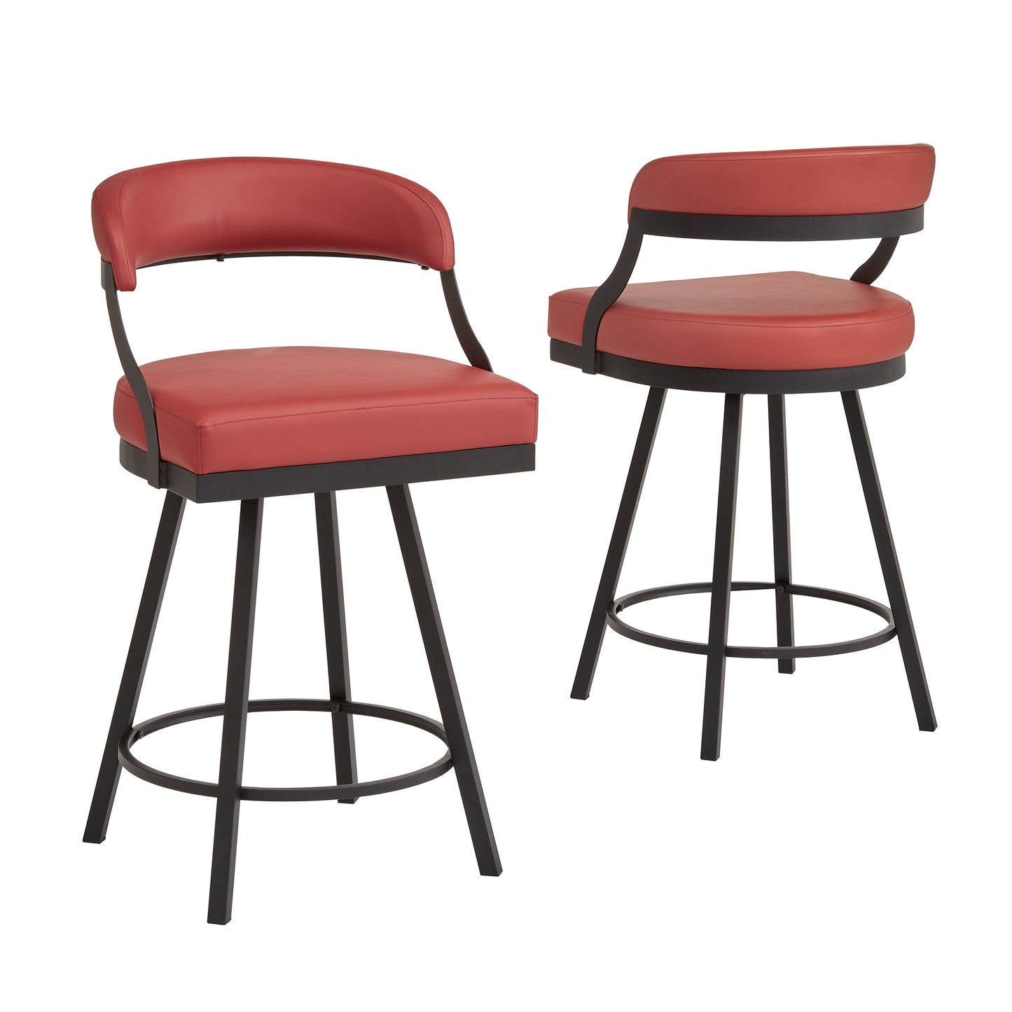 Black Finish Metal Vegan Leather Swivel Chair (Set of 2) - 24 in. Counter Height, Red