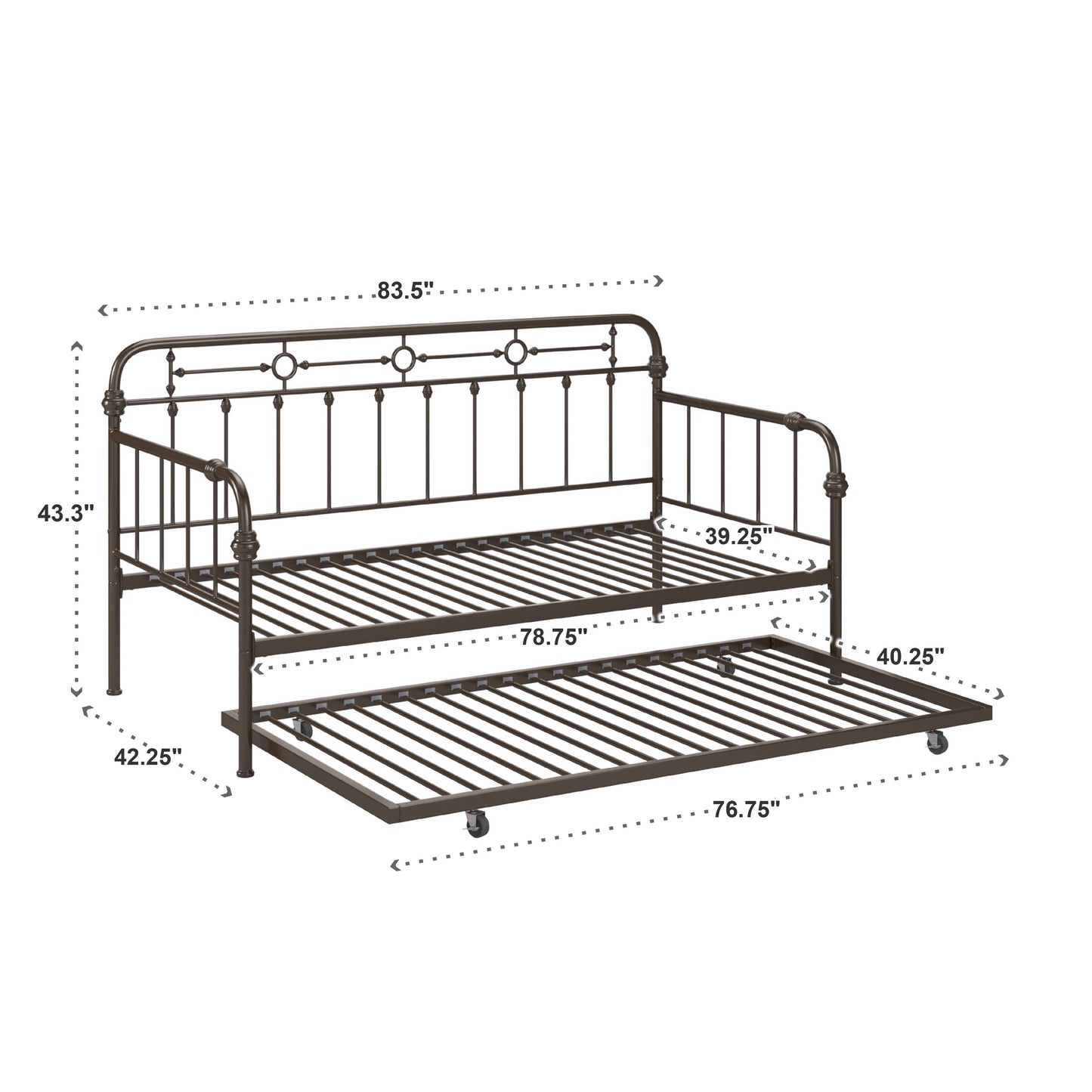 Antique Dark Bronze Metal Daybed - Twin Size with Trundle Bed