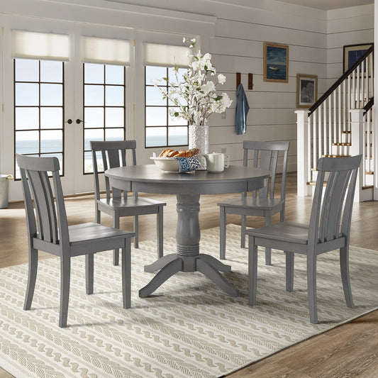 Round Pedestal Base 5-Piece Dining Set - Antiqua Gray Finish, Slat Back