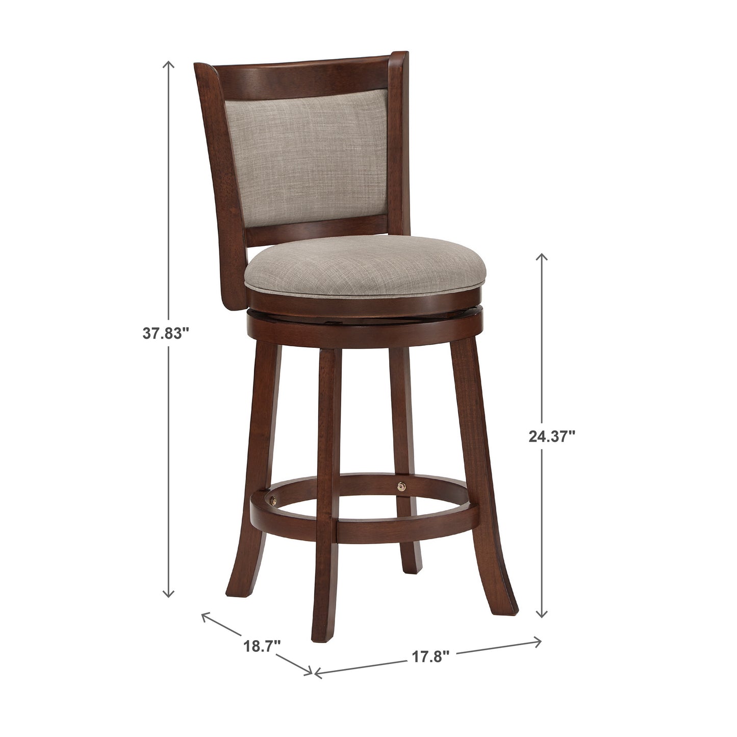 Upholstered Back Swivel Stool - 24" Counter Height, Cherry Finish, Gray Linen