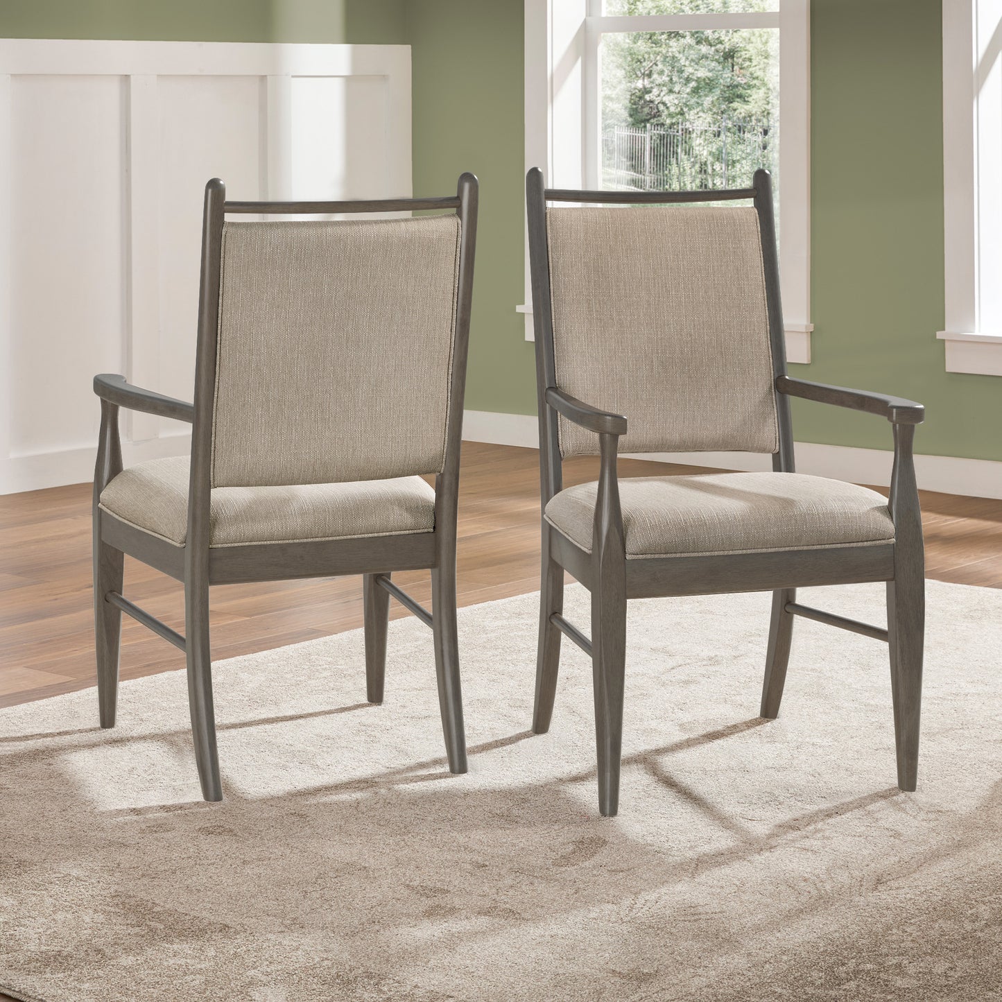 Wood Finish Beige Fabric Arm Chair (Set of 2) - Gray