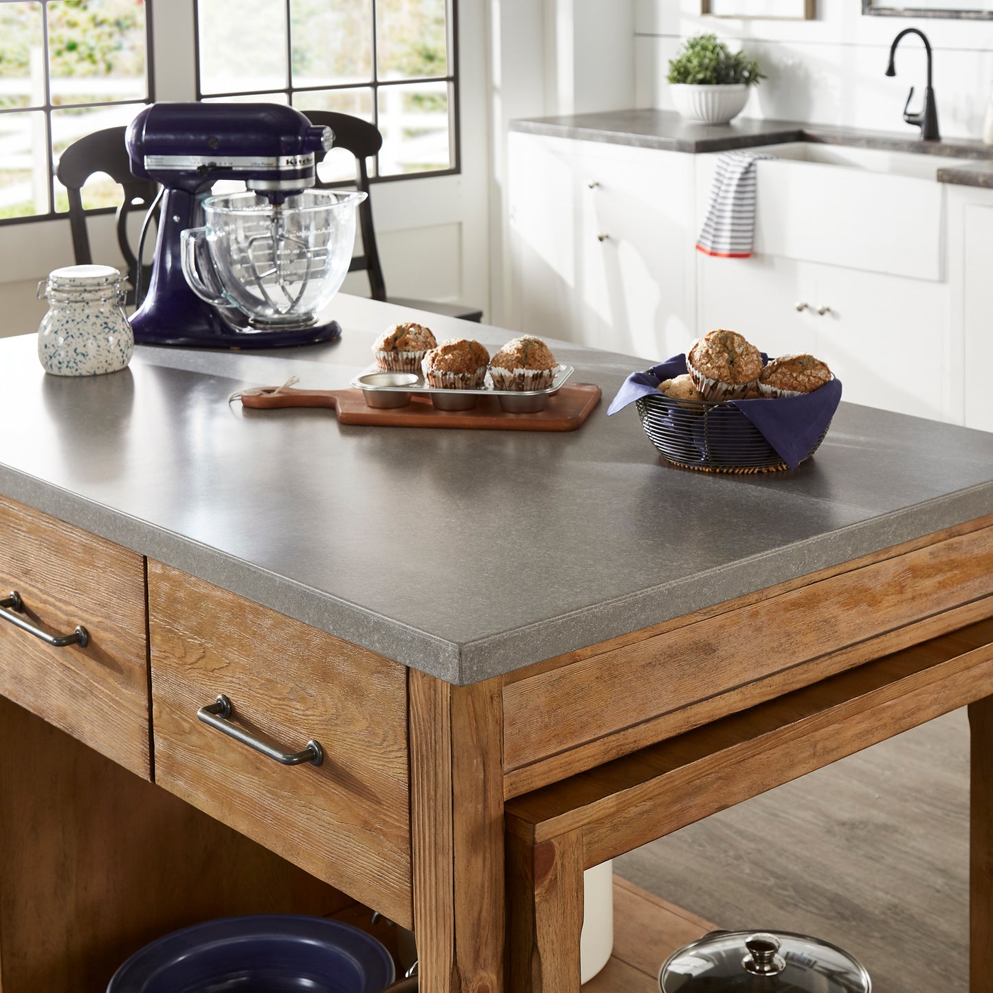 Reclaimed Look Extendable Kitchen Island - Natural Finish, Concrete Veneer Top