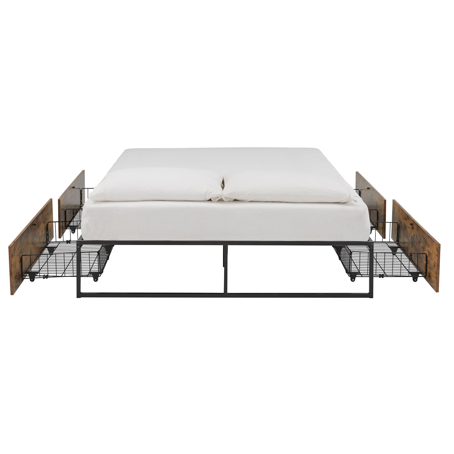 Wood Finish Panel Black Metal Platform Bed with Storage Drawers - Full Size with 4 Wire Storage Drawers (Full Size)