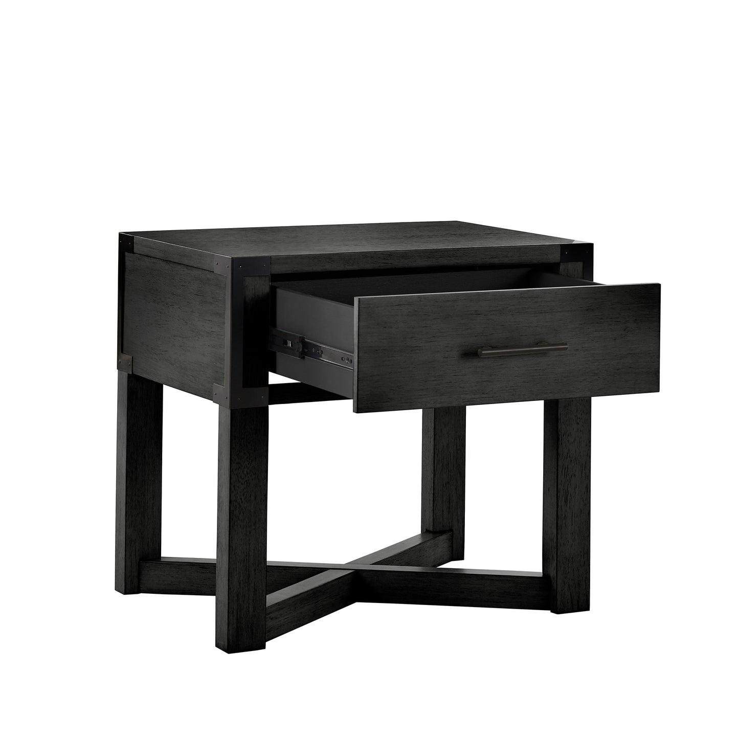 Wood Finish X-Base End Table with Drawer - Antique Black