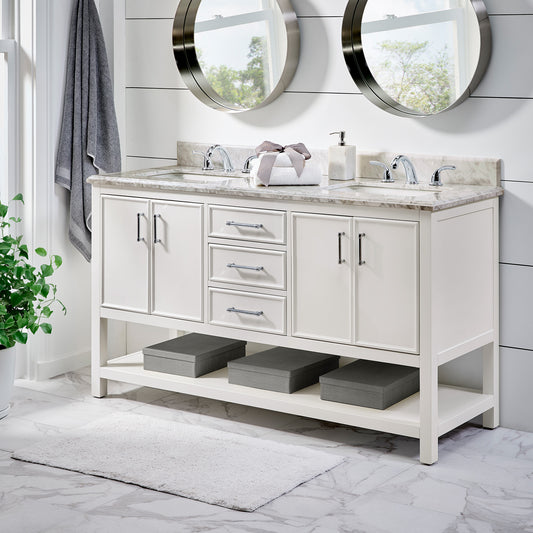 Bathroom Sink Vanity with White Marble Veneer Stone Top - 60", Double Sinks, White with Chrome Finish Hardware