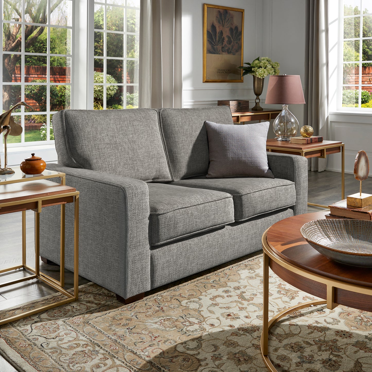 Modern Fabric Upholstered Square Arm Sofa - Loveseat, Gray Woven Fabric