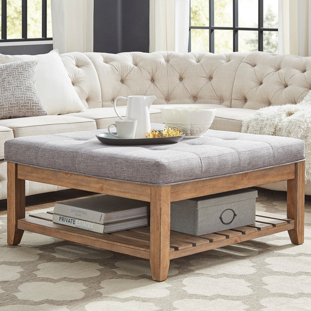 Pine Planked Storage Ottoman Coffee Table - Gray Linen, Dimpled Tufted