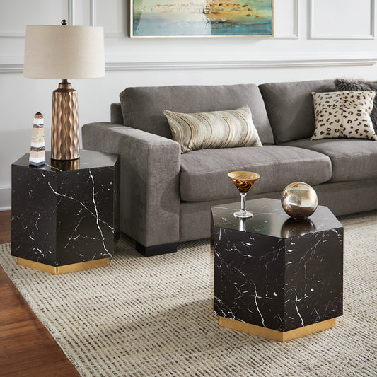 Faux Marble Table - Black, Hexagon, End and Coffee Table Set