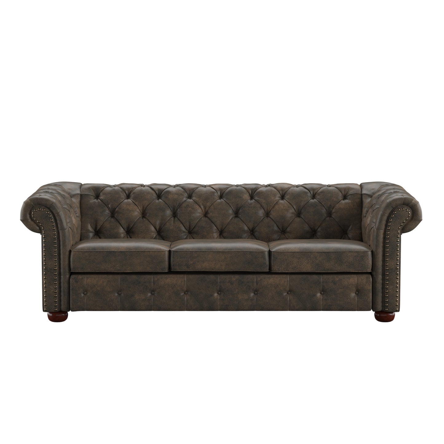 Tufted Scroll Arm Chesterfield Sofa - Brown Microfiber Upholstery