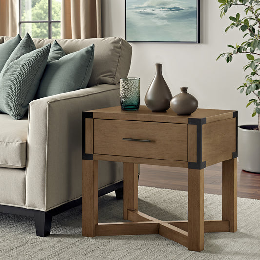 Wood Finish X-Base End Table with Drawer - Oak Finish