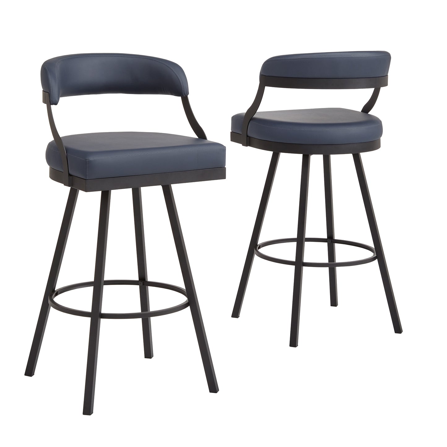 Black Finish Metal Vegan Leather Swivel Chair (Set of 2) - 29 in. Bar Height, Blue