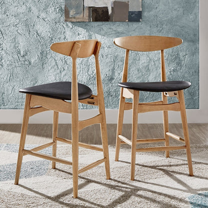 Mid-Century Wood Counter Height Stools (Set of 2) - Natural Finish, Black Faux Leather