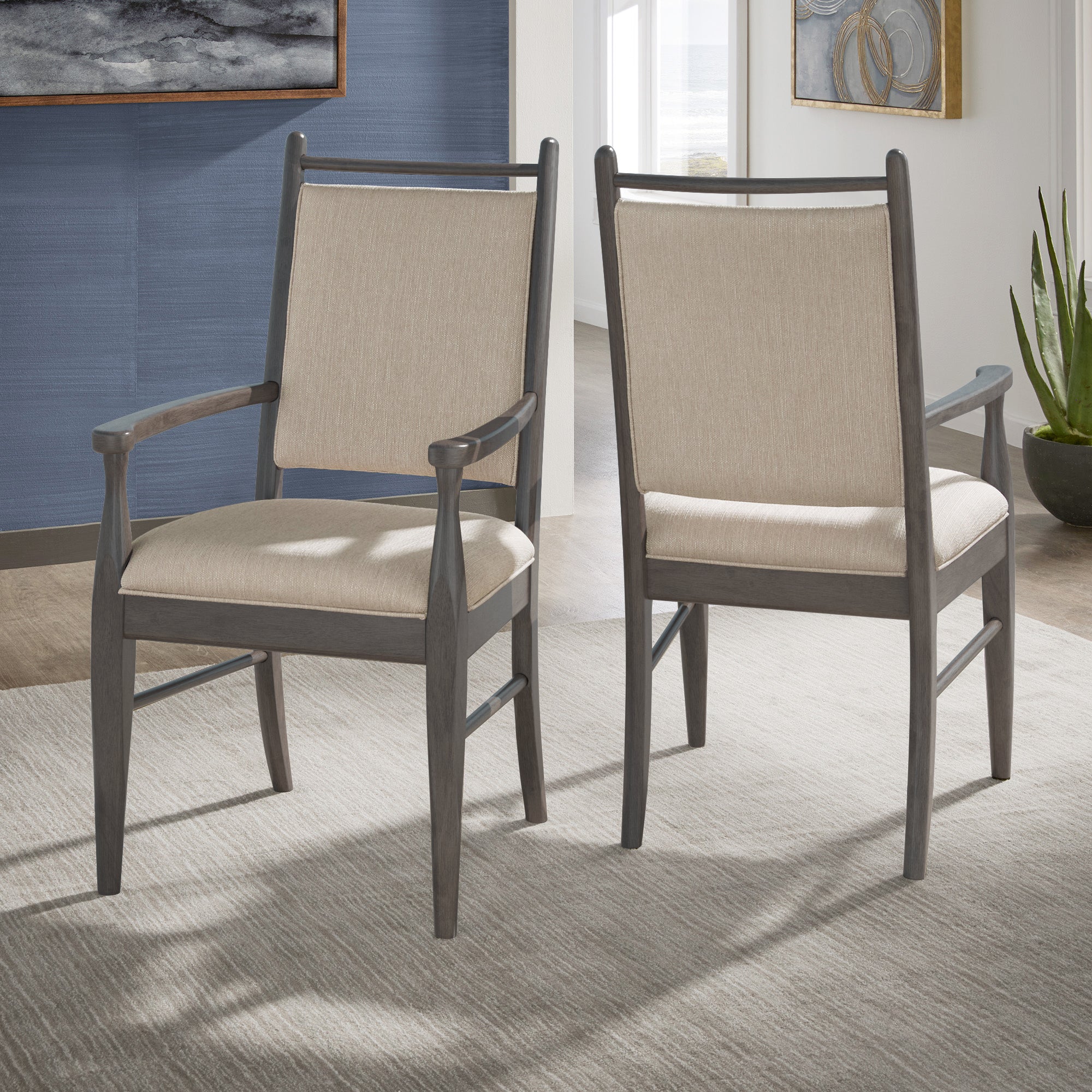 Wood Finish Beige Fabric Arm Chair Set of 2 Gray