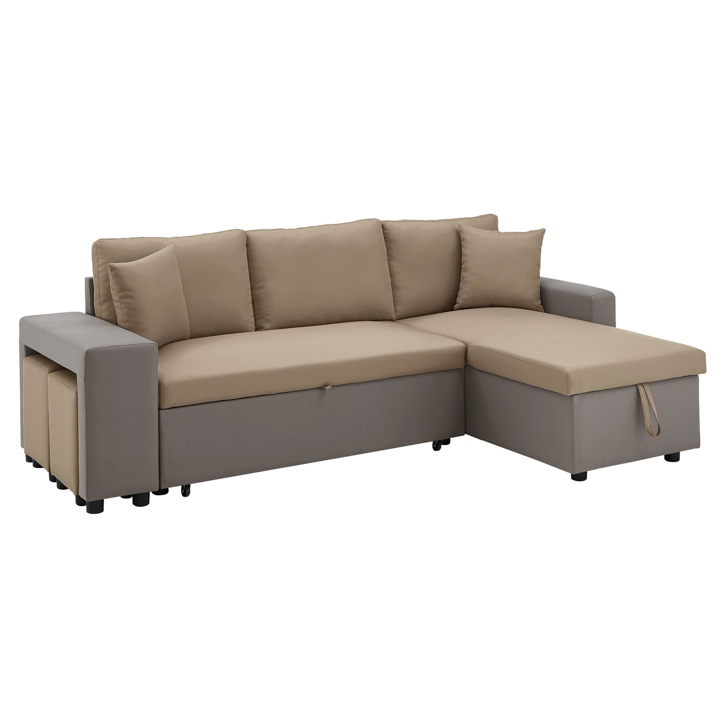 Multifunctional Two-Tone Fabric Convertible Chaise Sofa with Two Ottomans, Two Pillows, and Storage - Brown