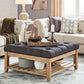 Pine Planked Storage Ottoman Coffee Table - Dark Gray Linen, Button Tufted