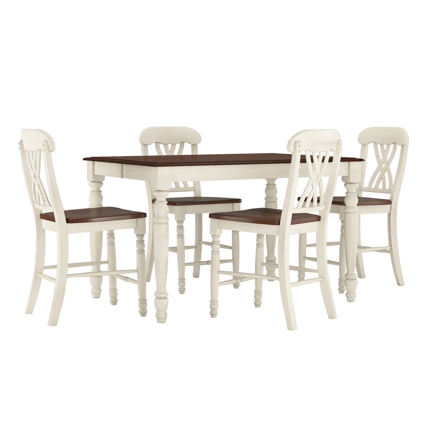 Counter Height Two-Tone Extending Dining Set - Antique White, Scroll Back, 5-Piece Set