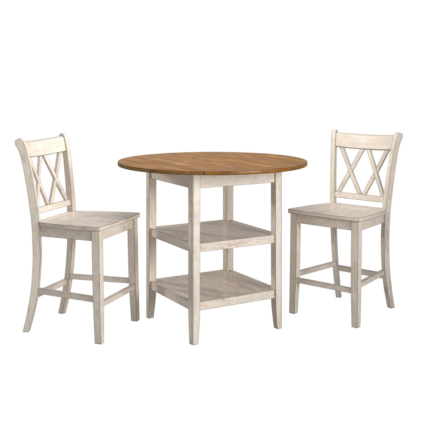 Antique Finish Drop Leaf Round Counter Height Dining Set - Antique White, Double X Back Chair, 3-Piece