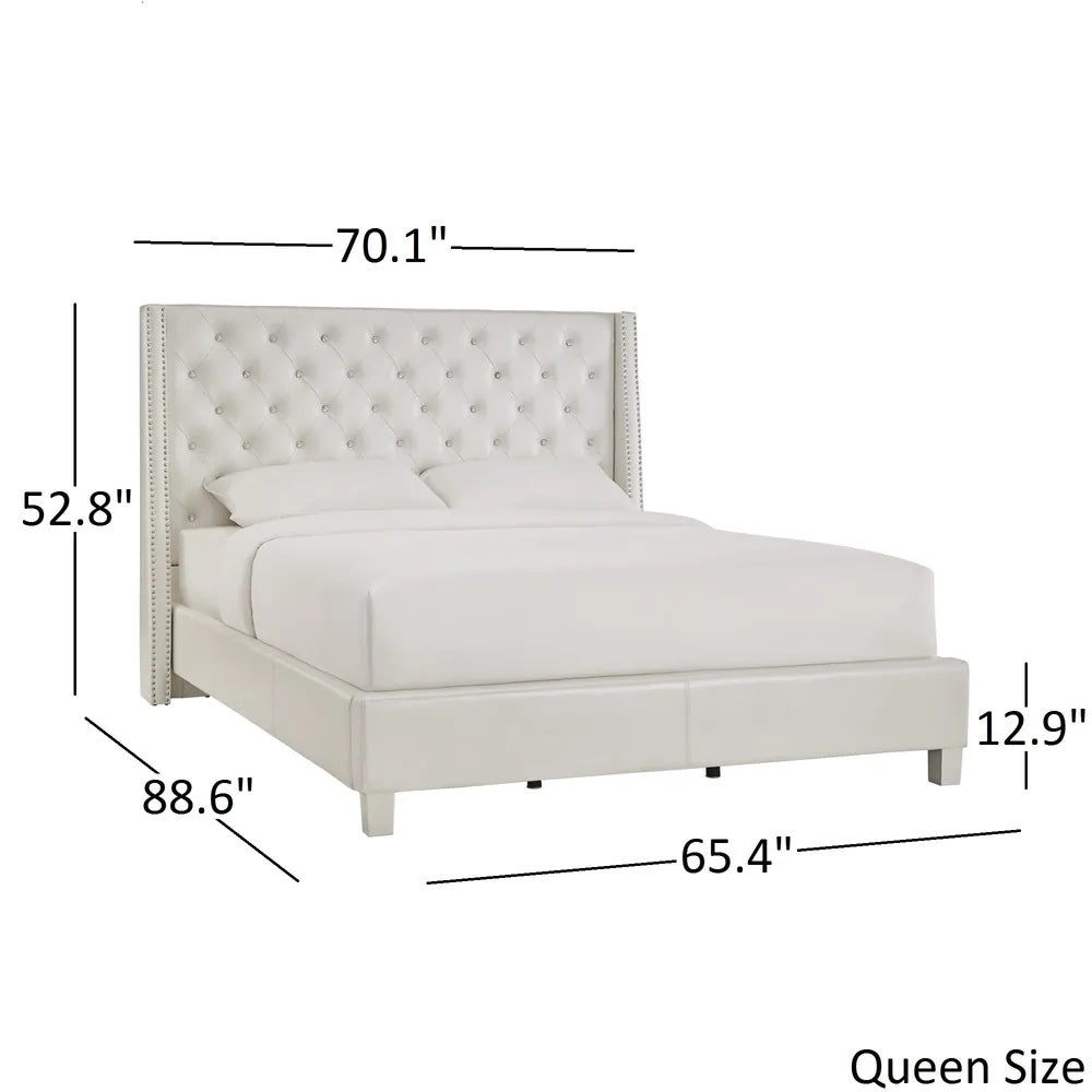 Faux Leather Crystal Tufted Bed - Ivory Faux Leather, Queen