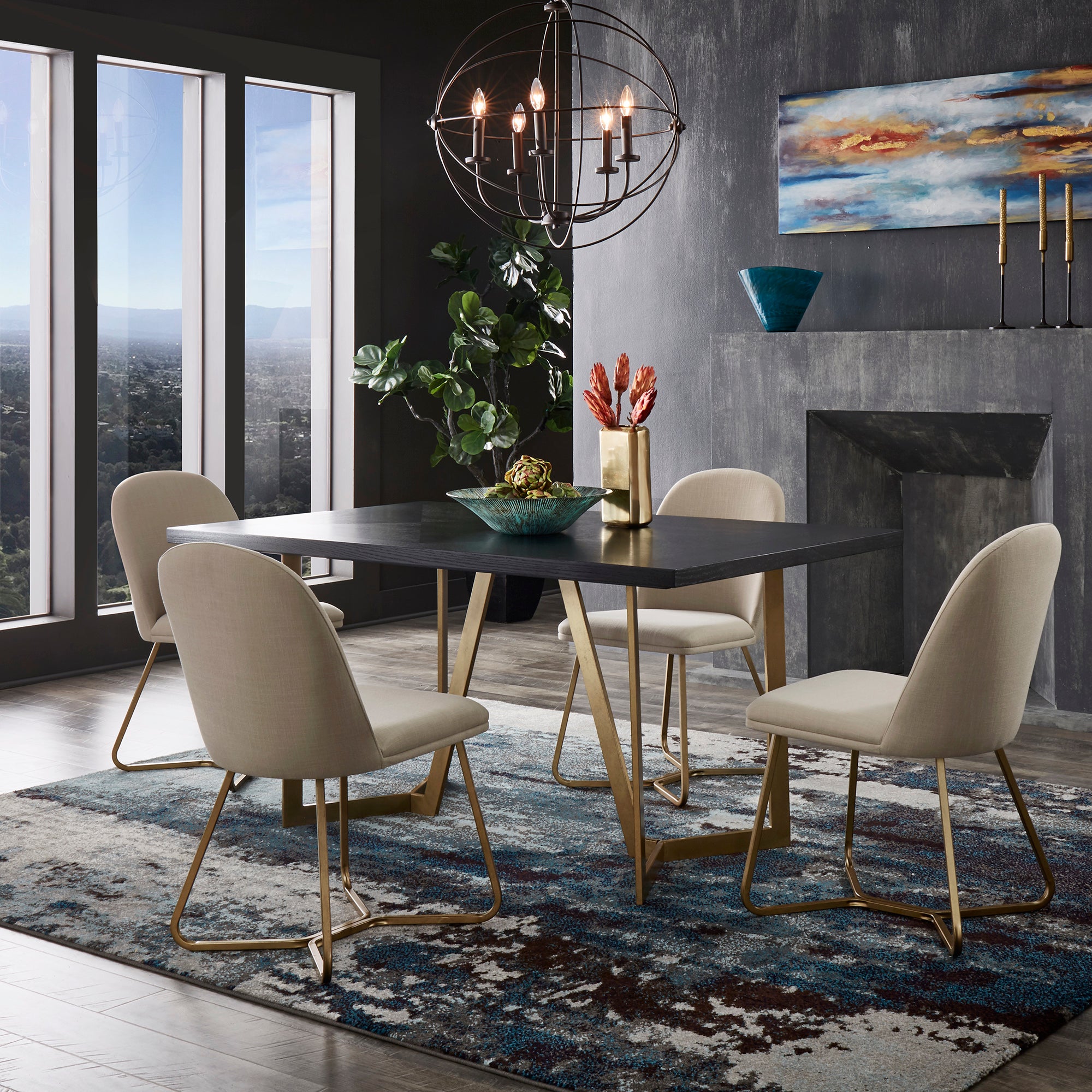 Black and Distressed Gold Finish Dining Set 5 Piece Set Beige Upholstered Chairs by Inspire Q Modern