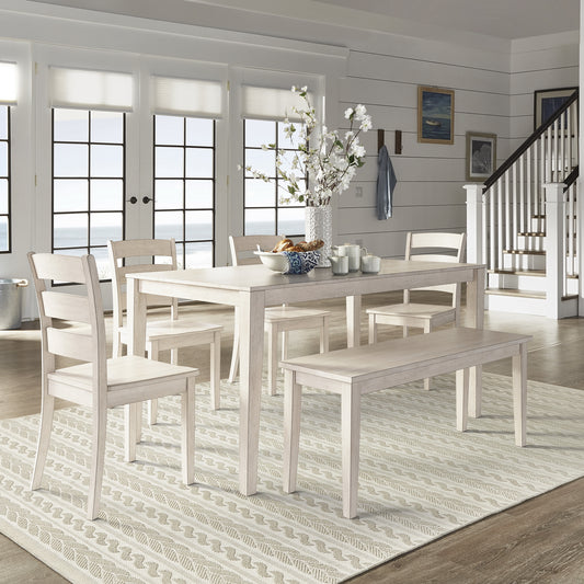 60-inch Rectangular Antique White Finish Dining Set - Ladder Back Chairs, 6-Piece Set