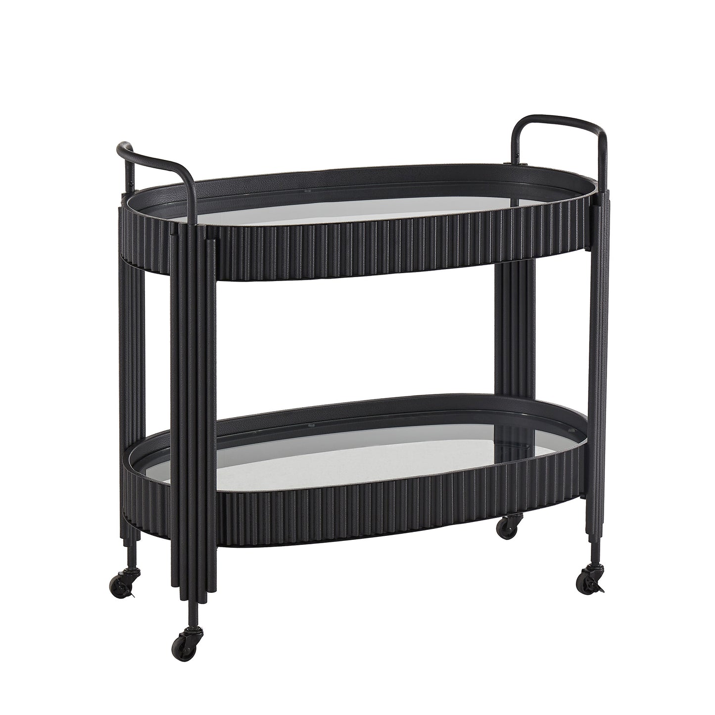 Black Finish Metal Oval Bar Cart with Clear Tempered Glass