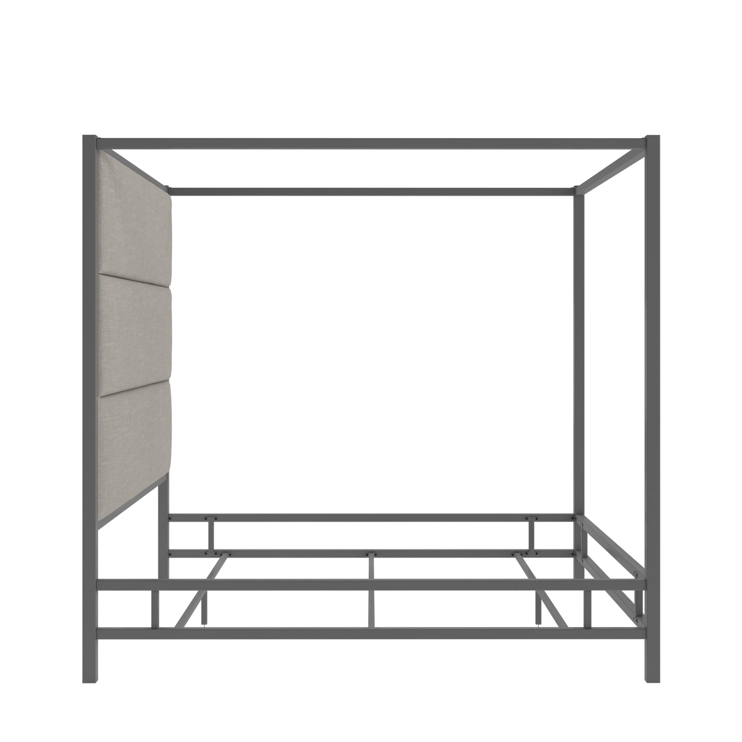 Metal Canopy Bed with Linen Panel Headboard - Gray Linen, Black Nickel Finish, King Size