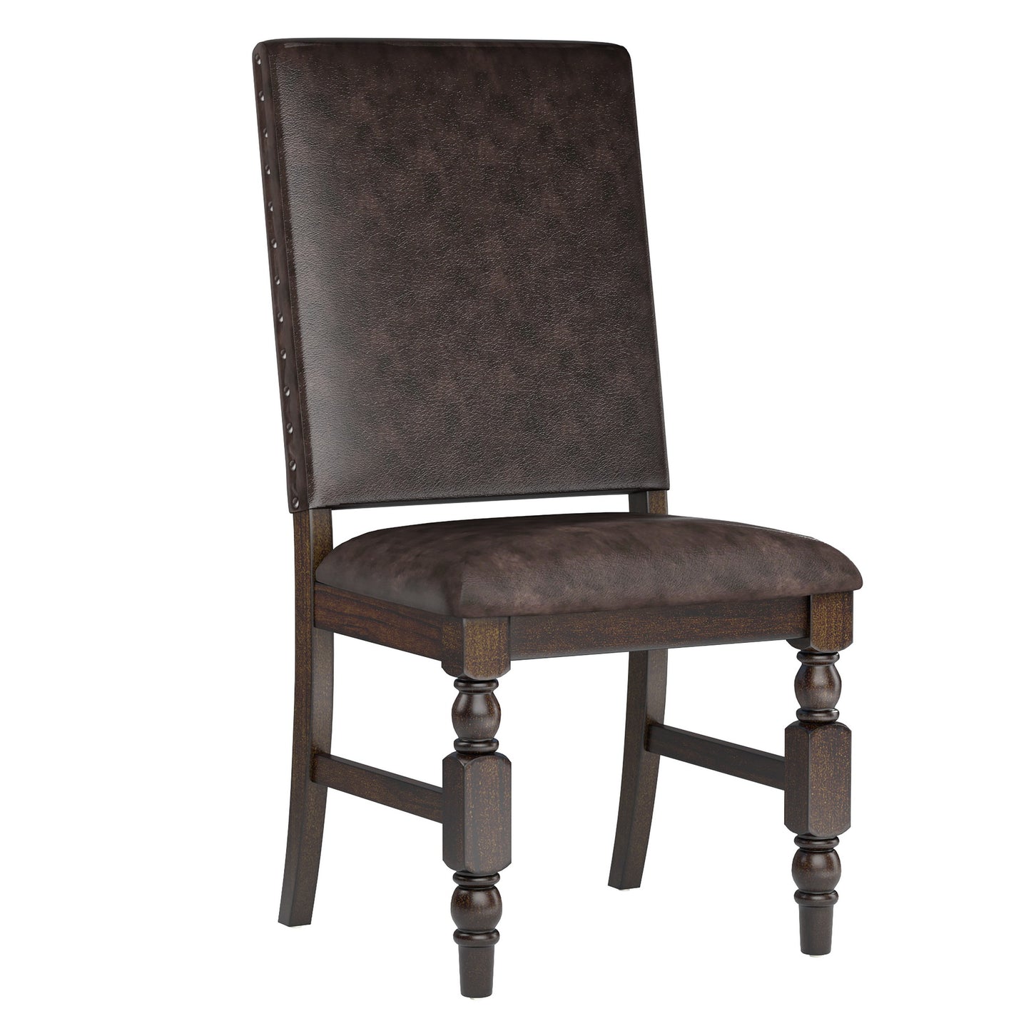 Nailhead Upholstered Dining Chairs (Set of 2) - Burnished Dark Oak Finish, Dark Brown Faux Leather