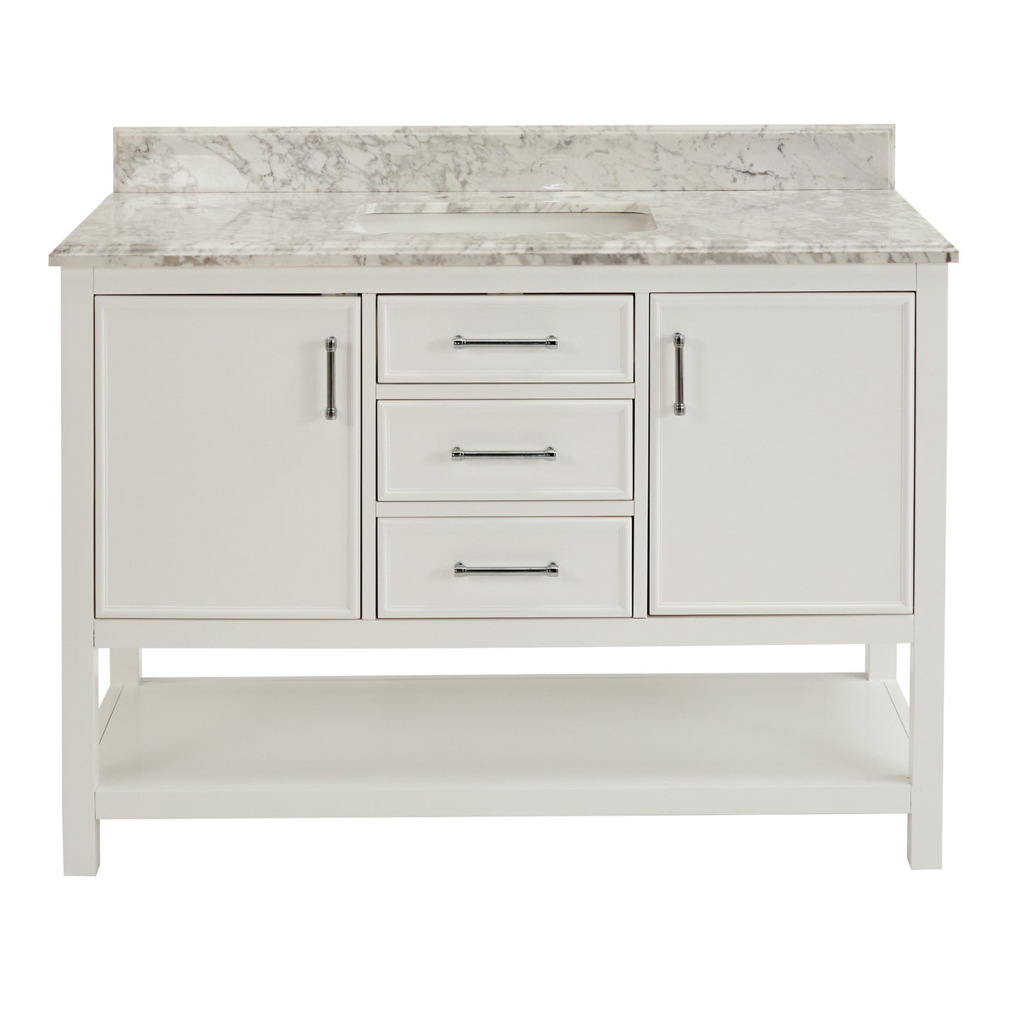 Bathroom Sink Vanity with White Marble Veneer Stone Top - 48", Single Sink, White with Chrome Finish Hardware