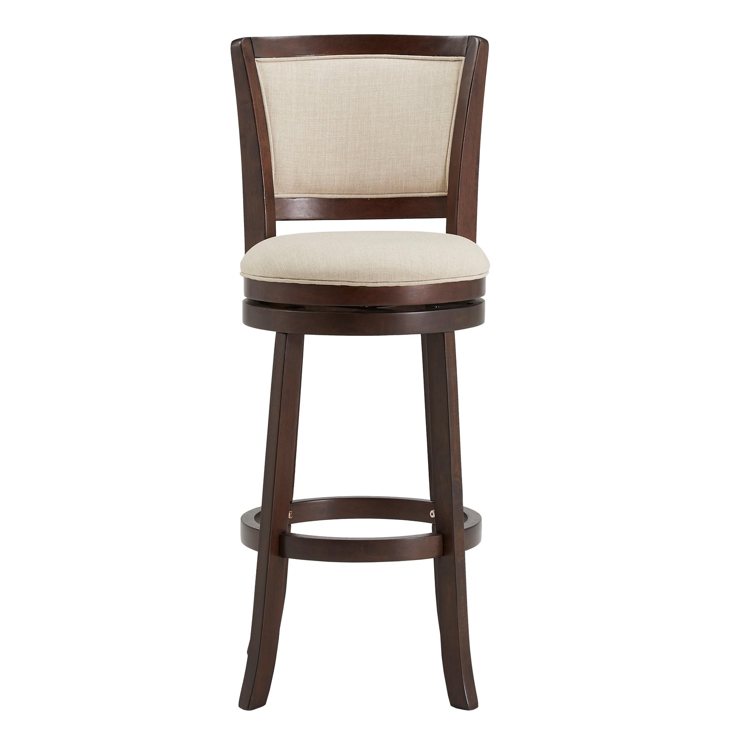 Upholstered Back Swivel Stool - 29" Bar Height, Dark Cherry Finish, Beige Linen