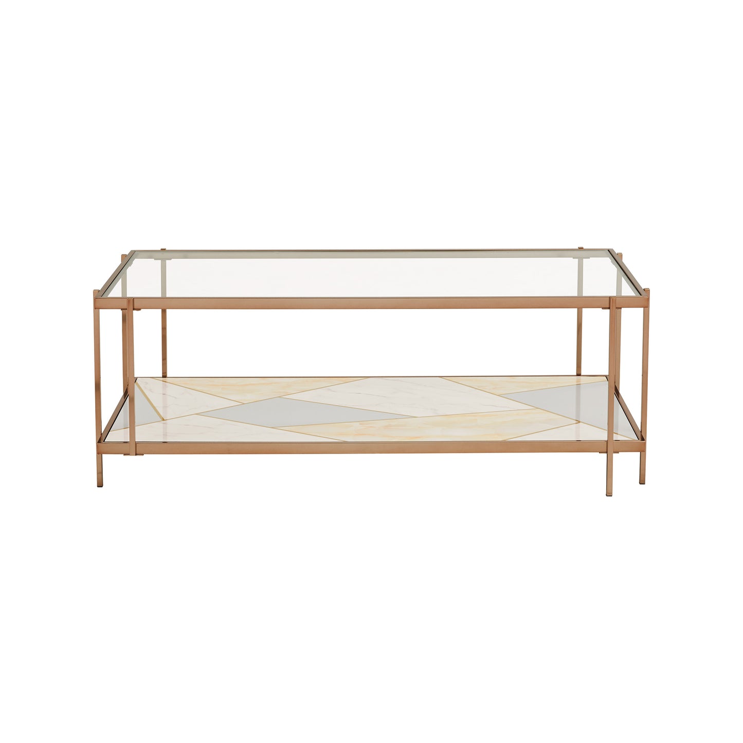 Champagne Gold Finish with Geometric Marble Pattern Glass Coffee Table