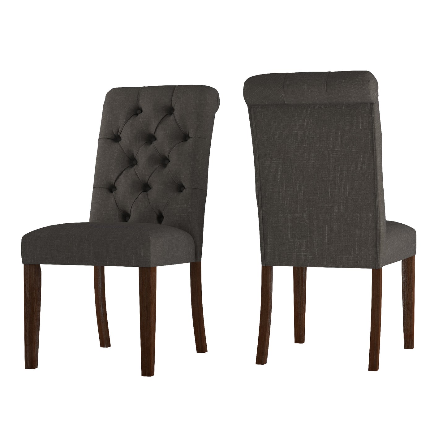 Tufted Rolled Back Parsons Chairs (Set of 2) - Brown Finish, Dark Gray Linan